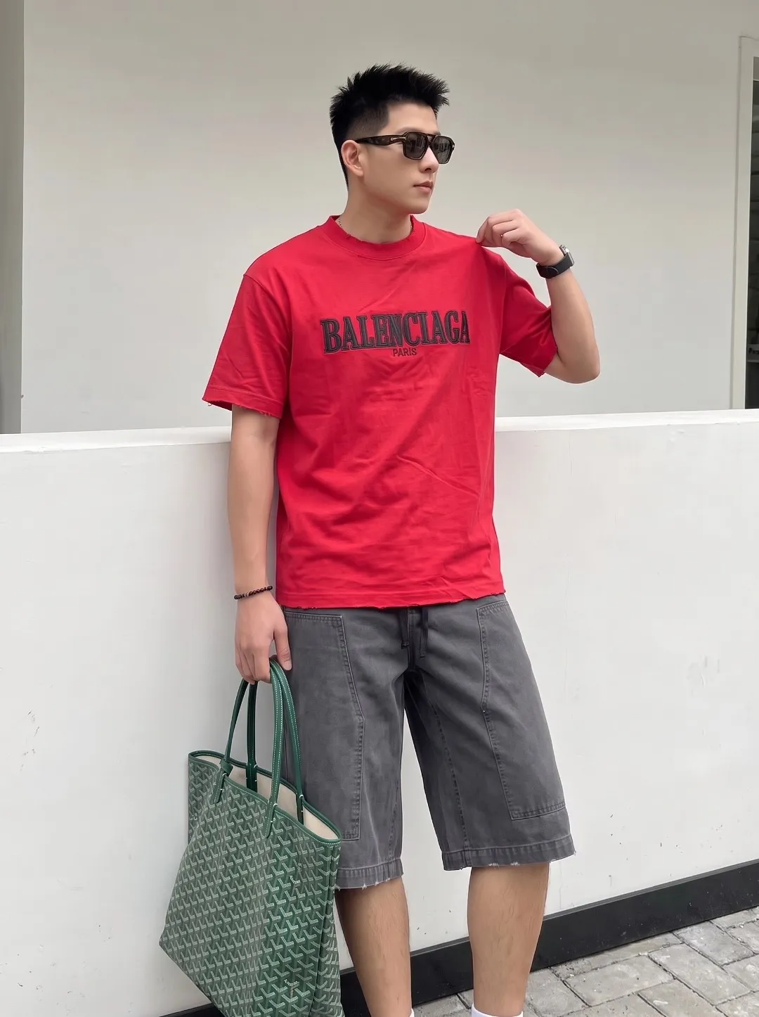 P100✨🔥 [BALENCIAGA] 2026FW short-sleeved T-shirt Premium 26s double yarn 300g fabric embroidery fraying process Color: Black White Red Size: S M L XL 2XL